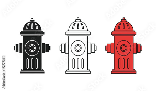 Colorful illustrations of fire hydrants in black, white, and red, icons set