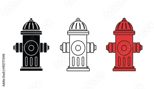 Colorful illustrations of fire hydrants in black, white, and red on a pure