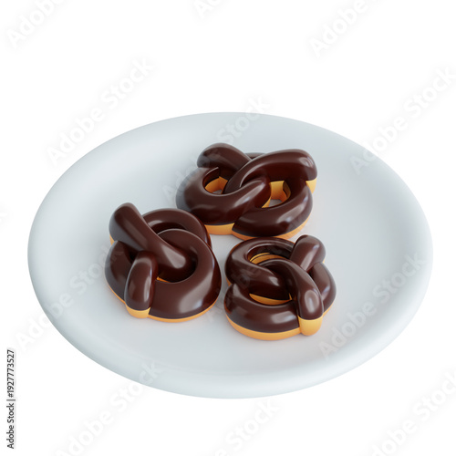 Three Chocolate Covered Pretzels on a White Plate 3D Render