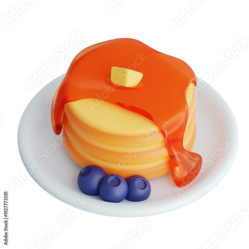 3D Rendered Pancakes with Syrup Butter and Blueberries
