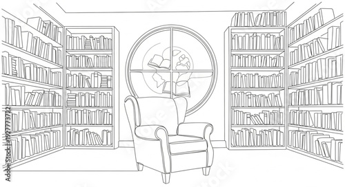 Armchair in Library with Bookshelves.