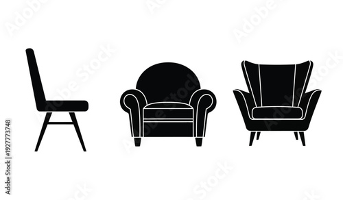 Three black silhouettes of different chairs