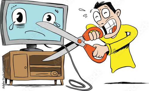Cartoon angry man cutting television cable with giant scissors, funny technology addiction and digital detox concept illustration