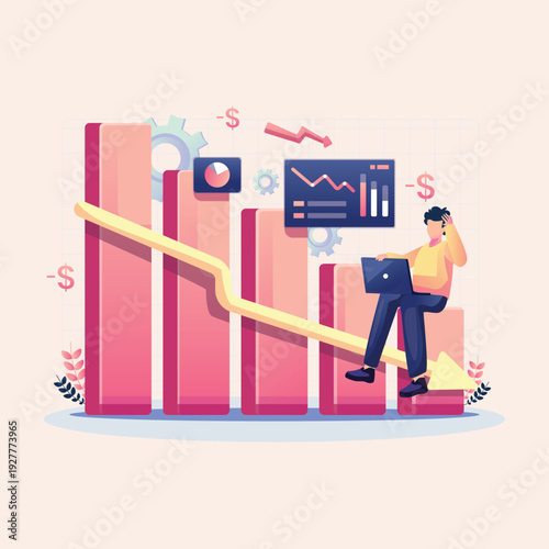 Stressed Businessman Experiencing Financial Market Downturn and Economic Decline, Analyzing Losses on Laptop Amidst Falling Bar Charts and Crisis Indicators
