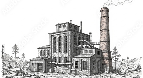 Abandoned Industrial Factory with Chimney.