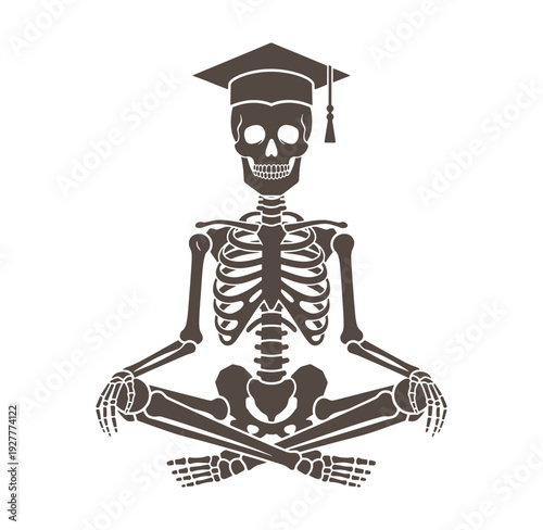 Graduated skeleton in yoga pose with mortarboard hat on head