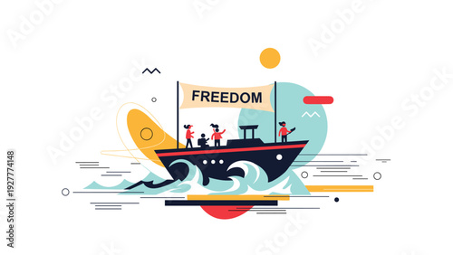 People on a boat with a banner reading freedom sailing across ocean waves with abstract shapes and a sun in the background.