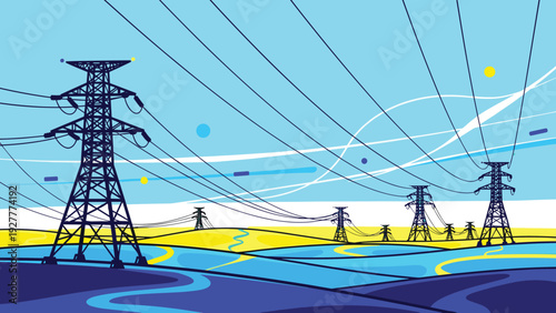 High voltage power lines and transmission towers across rolling hills in a vibrant blue and yellow colored vector landscape.