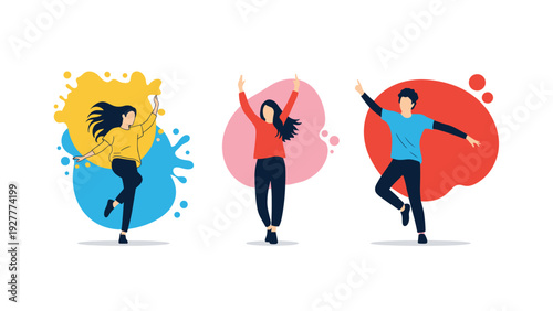 Three joyfully dancing people celebrating in front of vibrant paint splash shapes in yellow, blue, pink, and red colors.