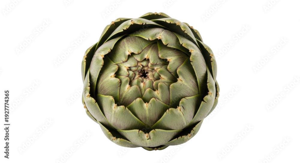 Fototapeta premium Isolated artichoke close-up. Top view of edible, healthy green plant food for gourmet cooking