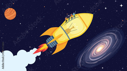 Lightbulb shaped rocket ship carrying people through a dark starry sky near a planet and a purple spiral galaxy in space.