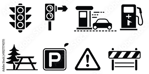 Road and Travel Solid Icons, Including Traffic Light, Speed Camera, Toll Booth, Gas Pump, and Parking Sign for Navigation, Safety, and Transportation