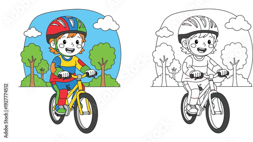 Cartoon boy riding bicycle in park illustration. Colorful and black white outline version for coloring book page. Healthy active lifestyle kid vector.