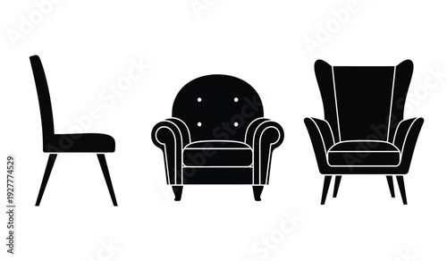 Silhouette of three different armchairs on a plain for design and furniture concepts