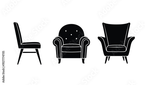 Three black armchairs in different styles for furniture design or interior decoration concepts