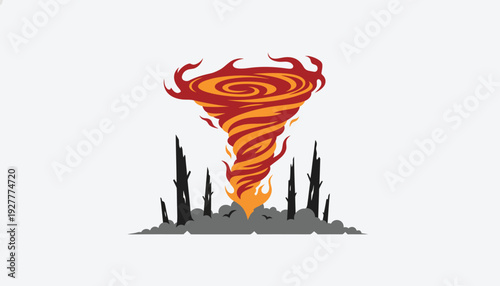 Fiery Tornado Symbolizing Destruction and Power with Silhouette of Burning Trees