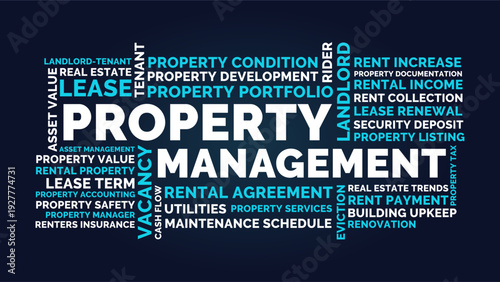 Property management word cloud dark real estate rental and landlord concept. Property management typography