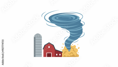 Illustration of a farm with a tornado approaching, representing natural disasters and agricultural impact