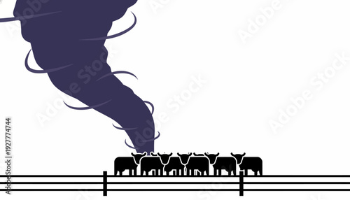 Vulnerable cattle herd stands against a menacing tornado, a powerful graphic depiction of severe weather impact on livestock and agricultural resilience