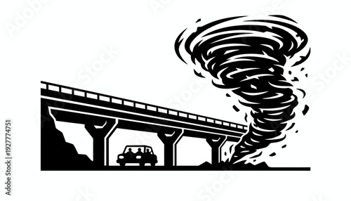 A car finds temporary refuge beneath a sturdy bridge as a powerful, swirling tornado approaches, symbolizing resilience and the immediate need for shelter during extreme weather events