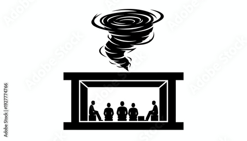 Looming Business Crisis Stylized illustration depicting a powerful tornado above a group of people in a room, symbolizing an urgent threat, corporate challenges, and imminent risk