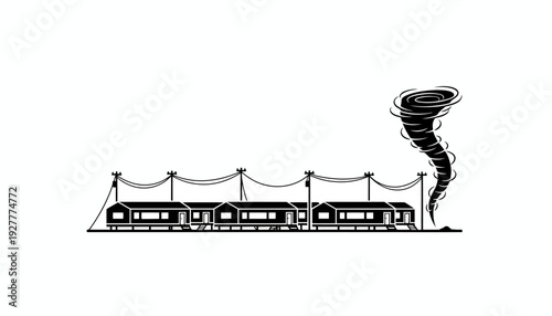 Tornado threatening a row of houses with power lines snapped