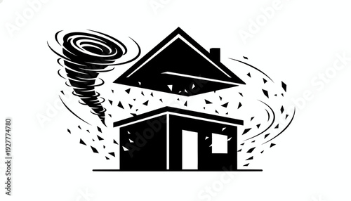 Iconic illustration depicting a powerful tornado causing severe damage and destruction to a residential house, symbolizing natural disaster and home insurance risk