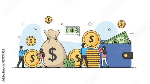 Financial concept showing people managing money with a large bag of cash, gold coins, and a wallet full of bills.