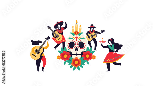 Traditional Mexican day of the dead celebration with musicians playing guitars and a decorated sugar skull with flowers.