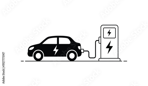 Black electric car charging at a charging station with lightning bolt symbol on a pure