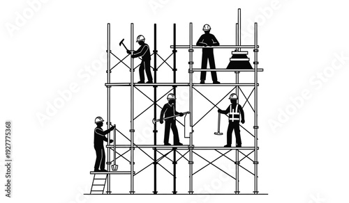 Workers on scaffolding with construction tools and equipment