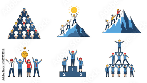 Set of business team concepts showing people in pyramids, climbing mountains, and standing on a winner podium.