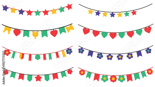 Collection of colorful festive buntings and garlands with stars, hearts, flowers, and many geometric flag shapes.