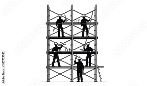 Black silhouette illustration of construction workers on scaffolding structure with tools and equipment