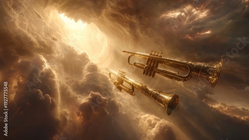 The end times or the return of Jesus. Trumpets in the clouds the Day of the Lord. Book of Revelation biblical prophecy Seven Trumpets  angels to signal divine judgments. 