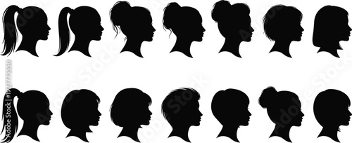 Set of twenty minimalist black female profile silhouettes, diverse hairstyles and mirrored head shapes for beauty fashion branding, vector icons, 2026.
