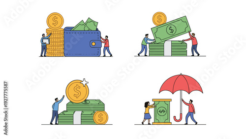Set of financial illustrations showing people saving money in wallets, stacking cash, and having insurance protection.