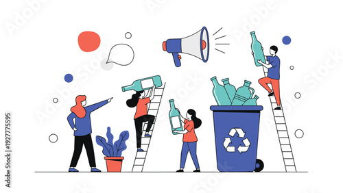 Group of people working together to recycle glass bottles by putting them into a large blue bin with recycling symbol.