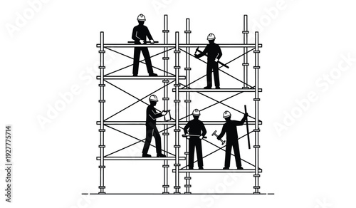 Black silhouette illustration of construction workers on scaffolding structure with various tools