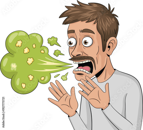 Cartoon man with mustache releasing smelly green breath cloud, halitosis and poor oral hygiene concept illustration