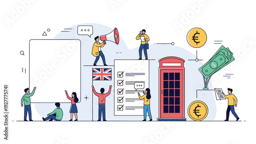 Busy flat illustration with tiny people interacting with various icons representing finance, communication, and the United Kingdom.