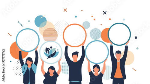 Group of diverse people holding up large blank white circles and one circle with a lotus icon against a decorative background.