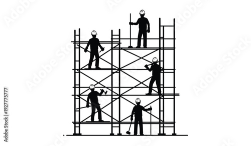 Silhouette of construction workers on scaffolding with tools for industry or building concept