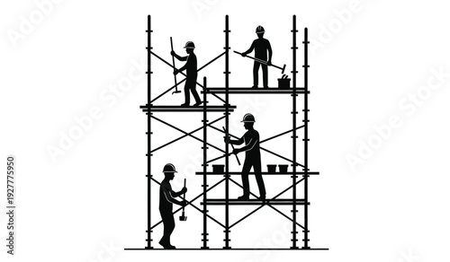 Silhouette of construction workers on scaffolding with tools in various positions