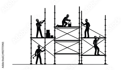 Black silhouette of construction workers on scaffolding against a