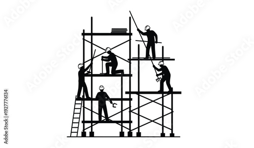 Workers on scaffolding structure with ladder and equipment for construction or maintenance tasks in a vector illustration