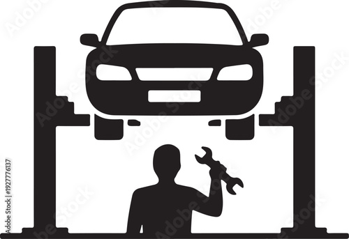 Car on lift and mechanic icon, vector. Car service repair simple illustration.