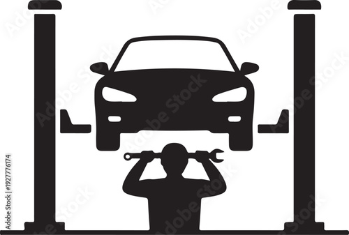 Car on lift and mechanic icon, vector. Car service repair simple illustration.