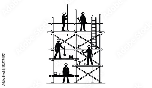 Construction workers on scaffolding structure with tools and equipment