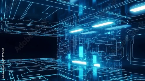 Futuristic Digital Circuit Room With Illuminated Lines Glowing Squares In Dark Environment For Technology Presentations Data Visualization Concept Art Backgrounds